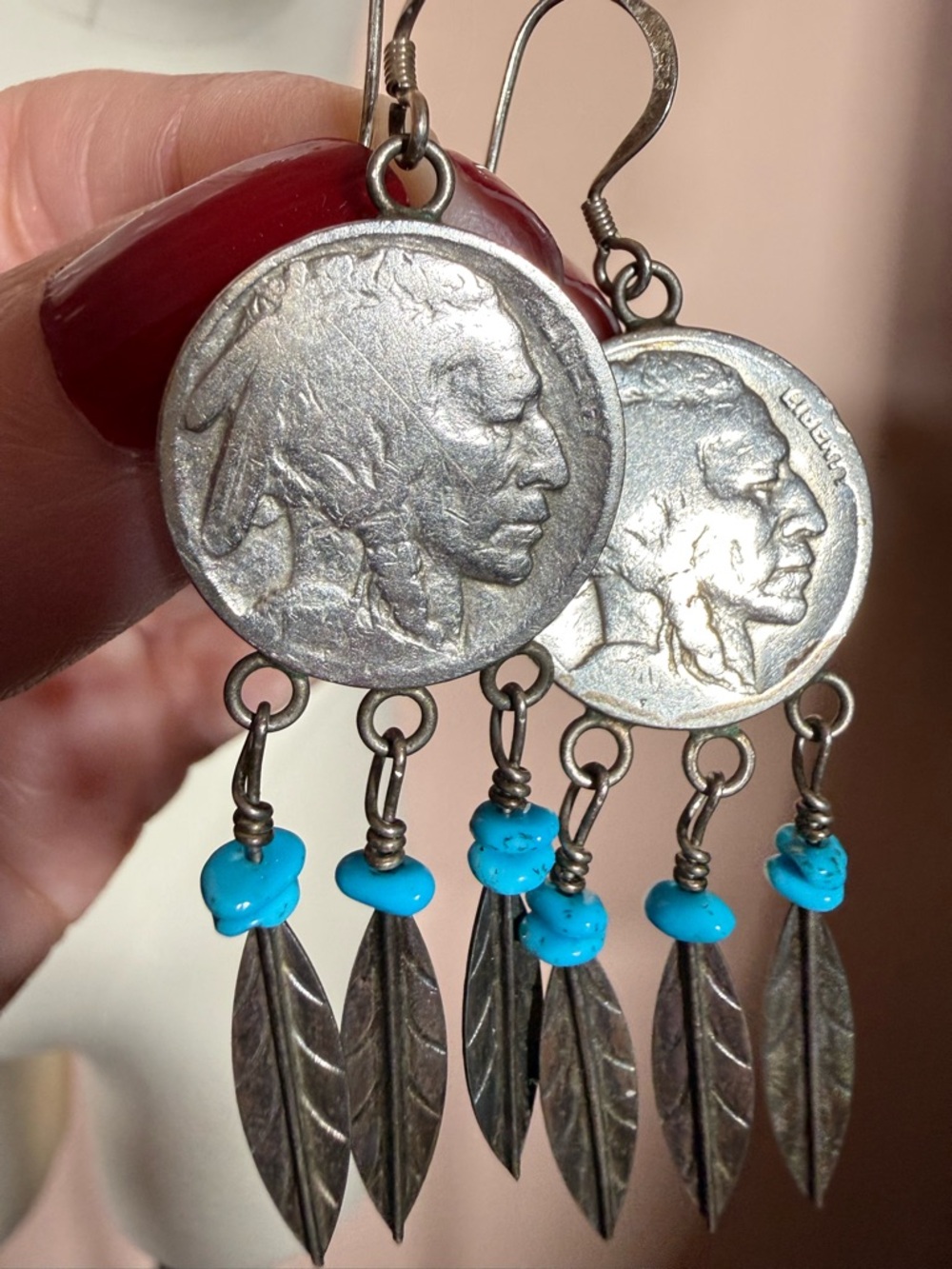 Vintage Native American Buffalo Nickel Sterling silver turquoise Dangle earrings